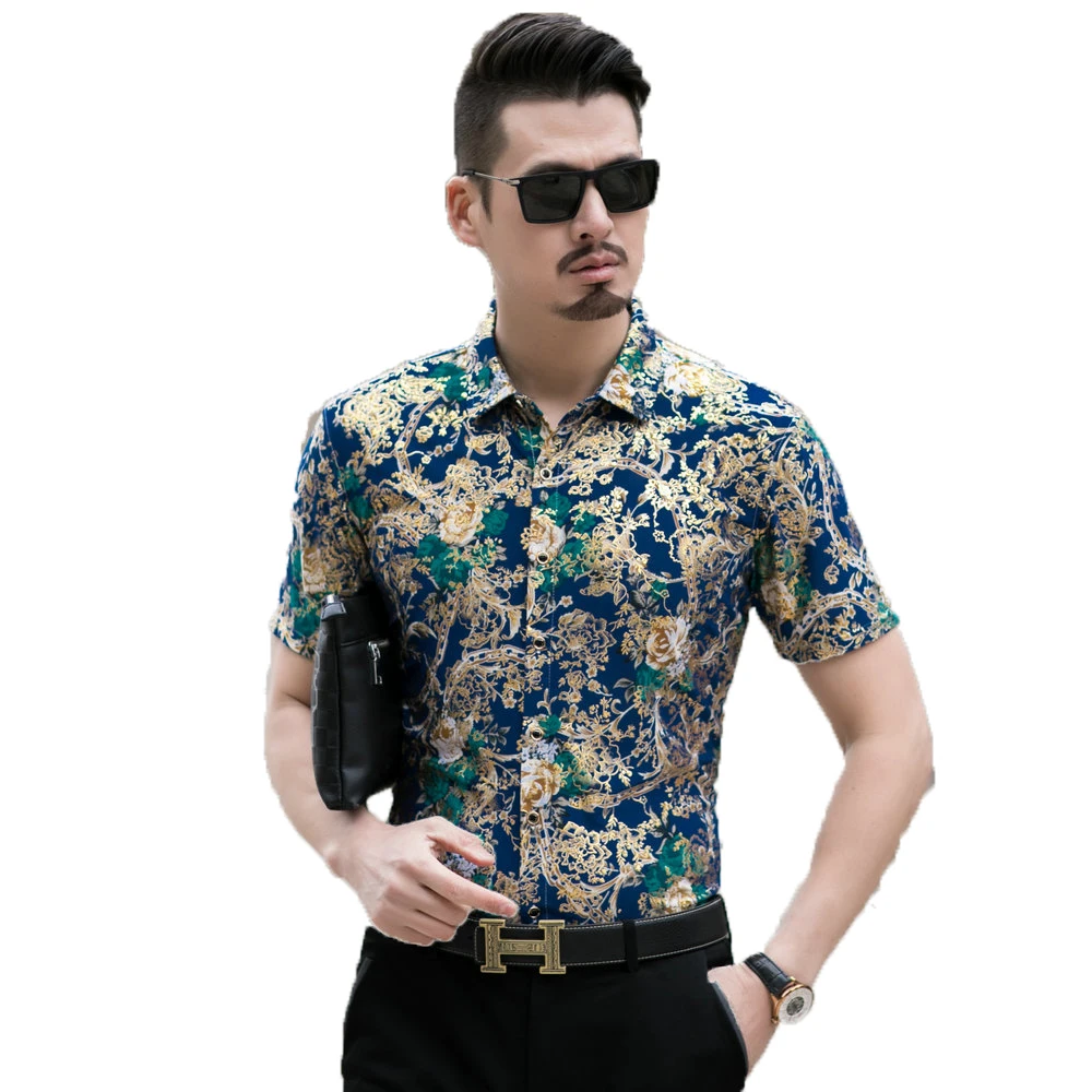 

Men Summer Shirts Red Blue Flower Gold Stamp Tops Male Short Sleeve Slim Fit Blouse Man Smart Casual Shirt Business Outfits 2019