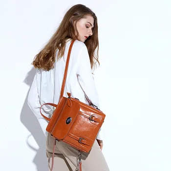 

YUFANG Women Backpack Trendy Brown Shoulder Daypack Female Genuine Leather Daily Backpack For Womens Oil Wax Cowskin Casual Bag