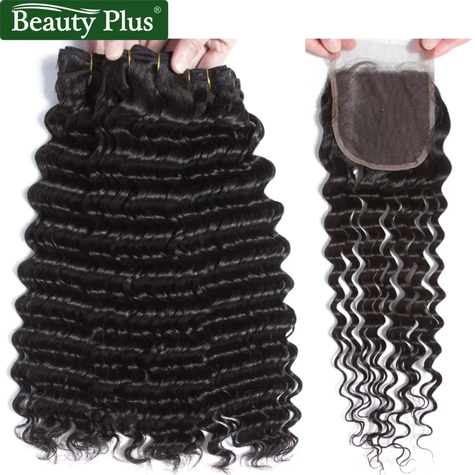 

Deep Wave Hair Bundles With Closure Malaysian Remy Human Hair Weave 2/3 Bundles With Closure Natural Black Color Beauty Plus