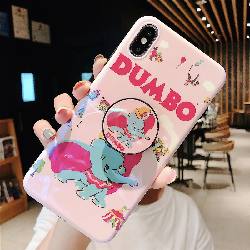 

JAMULAR Cute Dumbo Elephant Blue-ray Phone Case For iPhone 6 6s XS MAX X 10 XR 7 8 Plus Doll Backet Stand Back Cover Soft Coque
