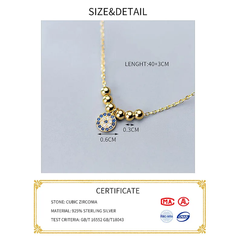 INZATT Classic Talisman Blue Eyes Of Bead Pendant Necklace 925 Sterling Silver Gold Color For Women Choker fashion Jewelry