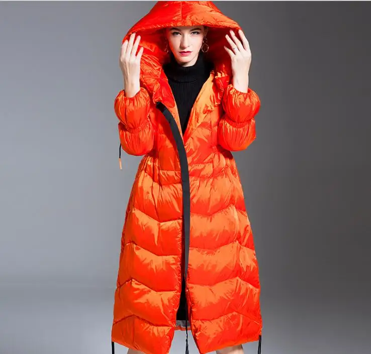 Orange Новинка, Женский уличный плотный пуховик, зимний женский модный длинный пуховик с капюшоном, приталенный теплый пуховик FR8002 - Цвет: Orange