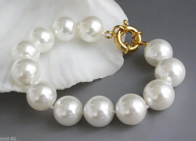 

RARE 8" 14MM REAL ROUND WHITE SOUTH SEA SHELL PEARL BEAD BANGLE BRACELET@^Noble style Natural Fine jewe SHIPPING 6.2 6.02