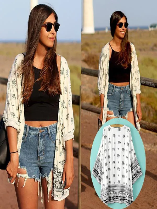 

Modern Fashion Women Elephant Printed Half Sleeve Kimono Cardigan Female Summer Autumn Open Stitch Coat Tops Soft Coat