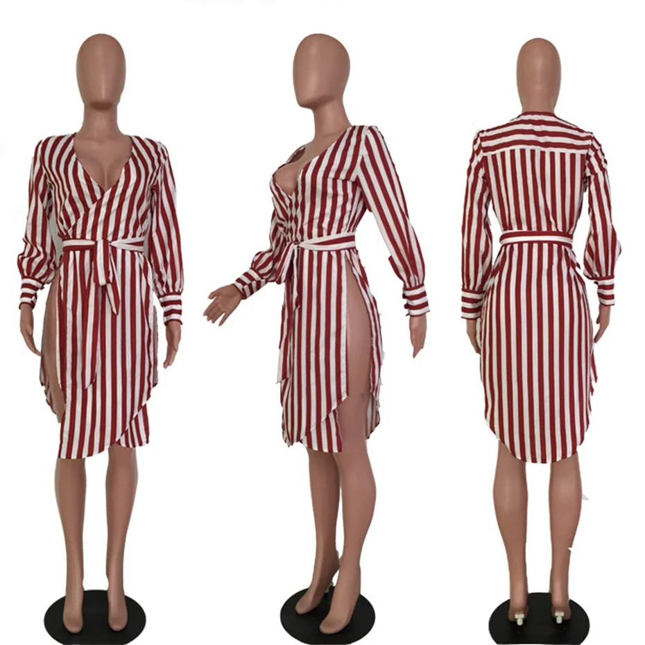 HAOYUAN, сексуальное Полосатое платье-рубашка с поясом сбоку, с высоким разрезом, красная женская одежда, летний сарафан с v-образным вырезом, повседневные платья с длинным рукавом