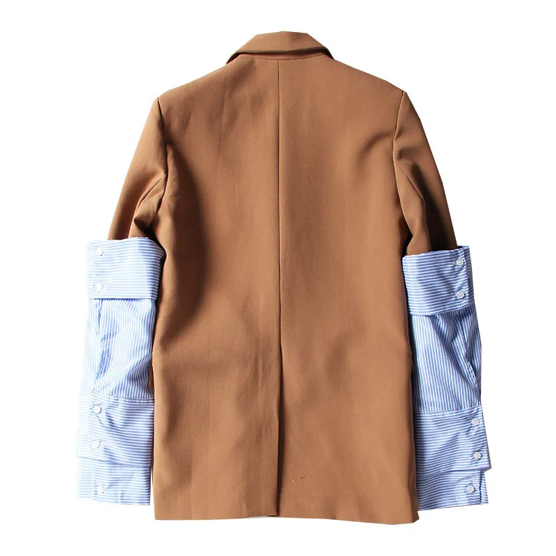 [EAM] 2019 جديد الربيع التلبيب Logn كم الأزرق مخطط للإزالة خياطة ضرب اللون سترة النساء معطف الأزياء المد JI825