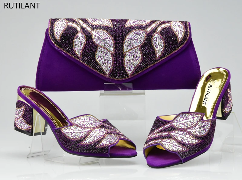 

Purple Color Italian Ladies Shoe and Bag Set Decorated with Rhinestone Nigerian Shoes and Bag Sets Matching Shoes and Bag Set
