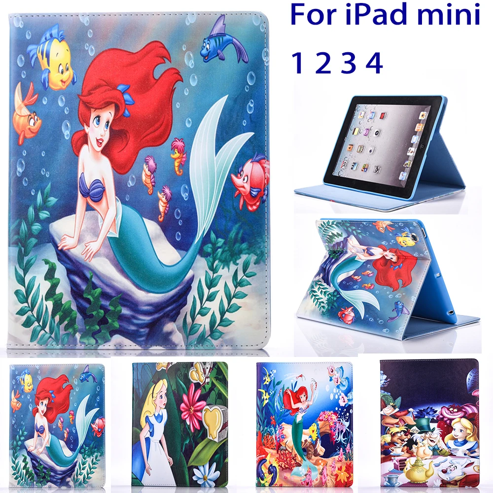 

Tablet Case for Apple ipad mini 1 2 3 mini 4 Flip stand Alice in wonderland & the Little Mermaid prints Cover shell coque para