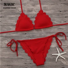 Купальник из ребристой ткани, женский сексуальный однотонный кружевной бикини, красный купальник, Женский бандажный Бразильский бикини, купальный костюм, пляжная одежда