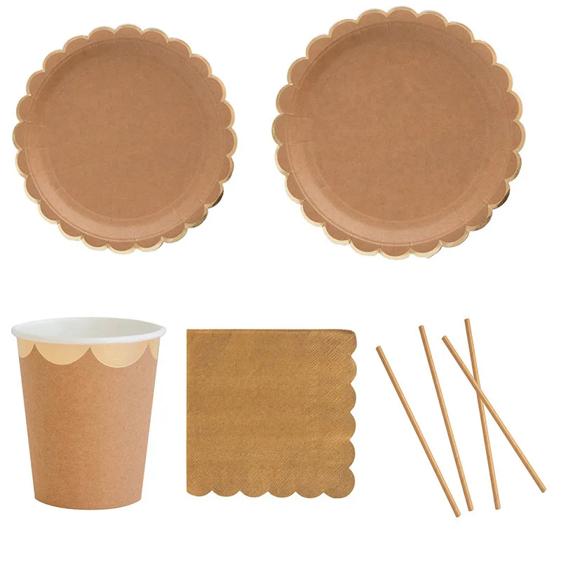 Kraft Paper Disposable Paper Tableware Sets Paper Plates Cups Napkins