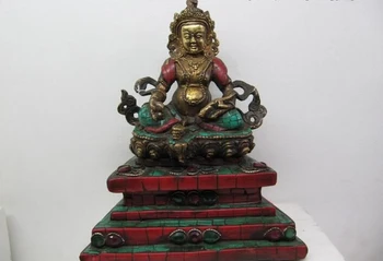 

USPS to USA S2608 8.5 Pure Bronze inlay beryl turquoise coral Yellow Jambhala God of wealth Buddha