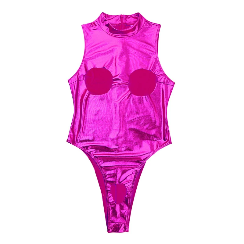 pink bodysuit YiZYiF Women Sexy Bodysuit Shiny Leotard Turtleneck Clubwear Wetlook Faux Leather Bodysuits Sexy Open Bust Crotchless Body suit cut out bodysuit