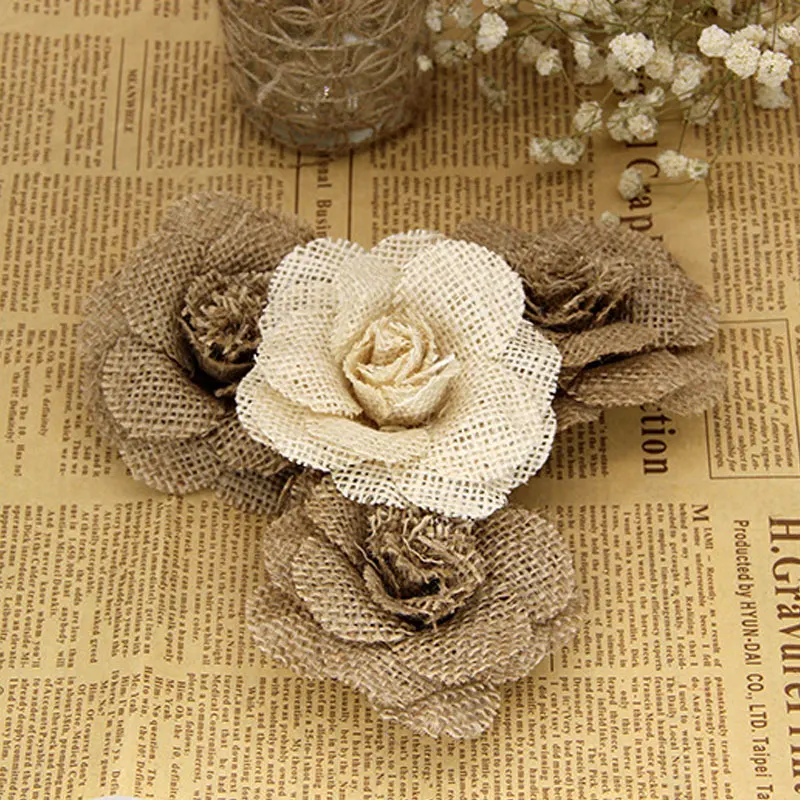 2/3/5pc 9cm Big Flower Natural Jute Hessian Burlap Handmade Linen Flower For Rustic Wedding Birthday Event Party Christmas Decor