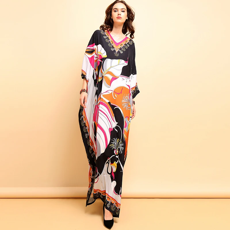 LD LINDA DELLA Fashion Runway Plus Size Dress Women's Batwing Sleeve Printed Side Split Vintage Vacation Loose Maxi Long Dresses