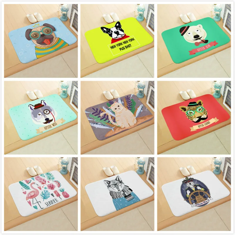 

Cartoon Animal Printing Doormat Flannel Cartoon Dog Cat Fox Floor Mat Non-slip Mat Home Decoration Door Mat vloermat felpudo