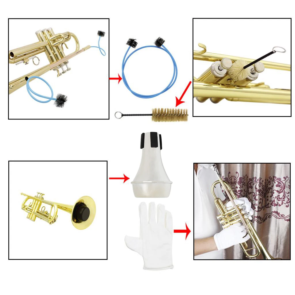 6 In 1 Trumpet Maintenance Cleaning Tool Kit Trumpet Stand 2pcs Brushes +Mute+Gloves Set