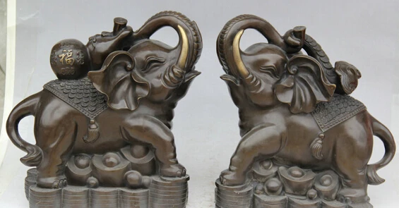 

JP S0524 13" Chinese Bronze Gild Ru Yi cucurbit Wealth elephant Statue sculpture Pair