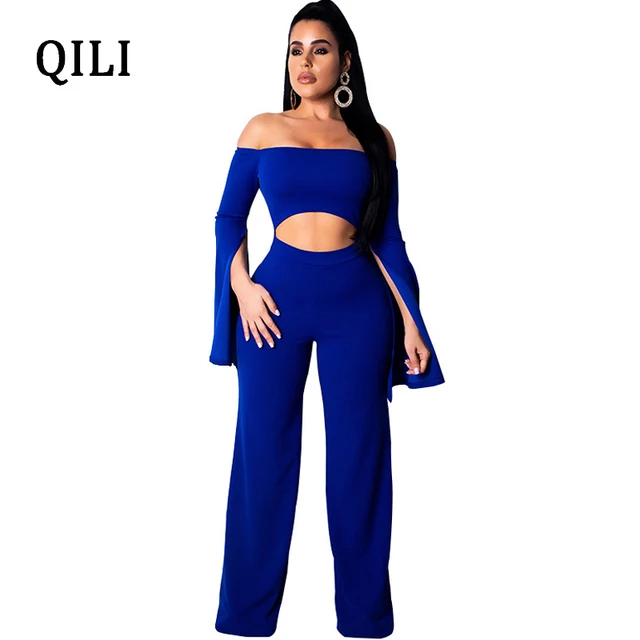 off shoulder split sleeve jumpsuit