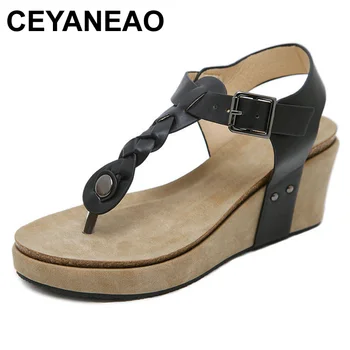 

CEYANEAO Flip-flops on wedges; women's summer shoes with high heels; bohemian style beach sandals; women's shoes