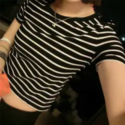 Новый 2017 Для женщин Топы корректирующие Летняя женская футболка Crop Топы корректирующие в полоску с короткими рукавами футболка тонкий