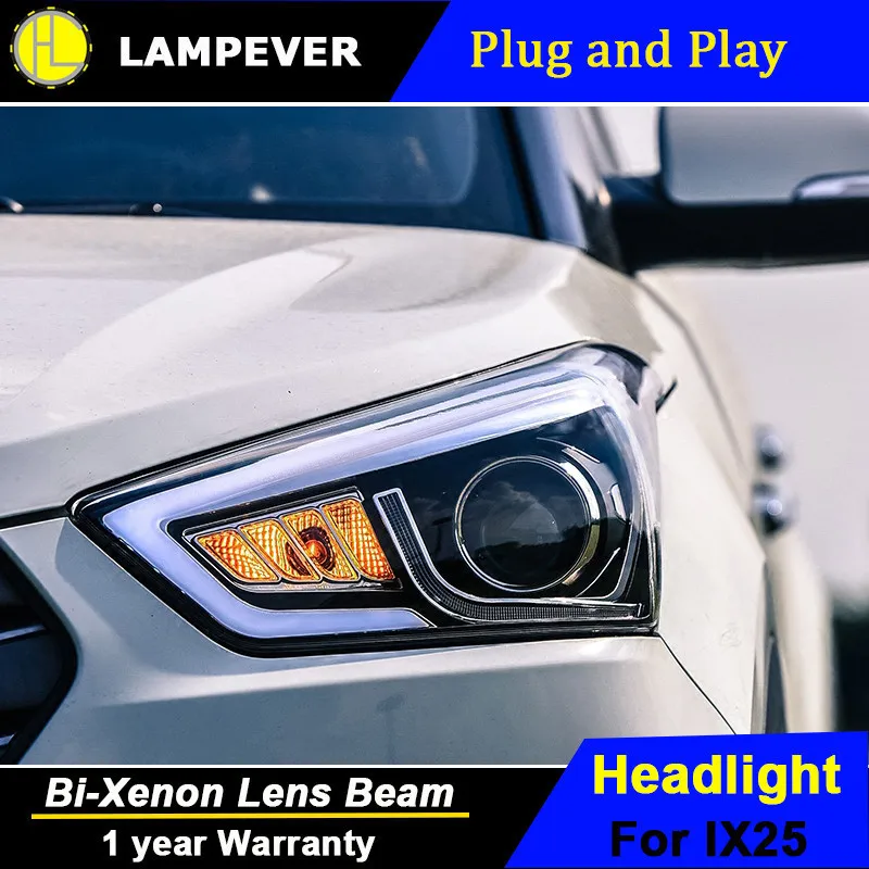 HLC автомобильный Стайлинг для hyundai ix25 головной светильник s для hyundai ix25 светодиодный головной фонарь Ангел глаз светодиодный DRL передний светильник Биксеноновая линза ксенон HID
