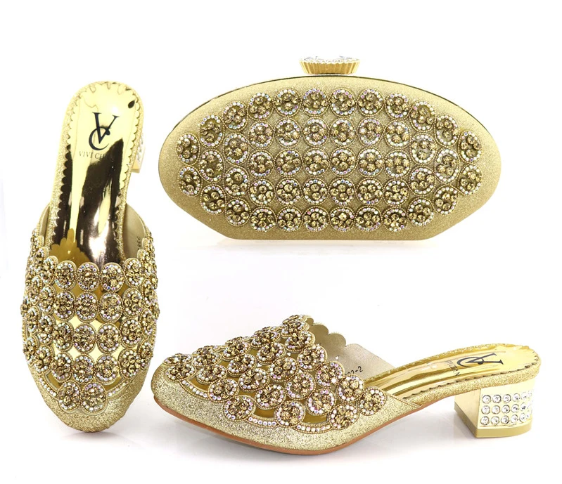 

Crystal shoes and bag set low heel 2 inches size38-42 free shipping gold shoe and bag for african aso ebi wedding party SB8243-2