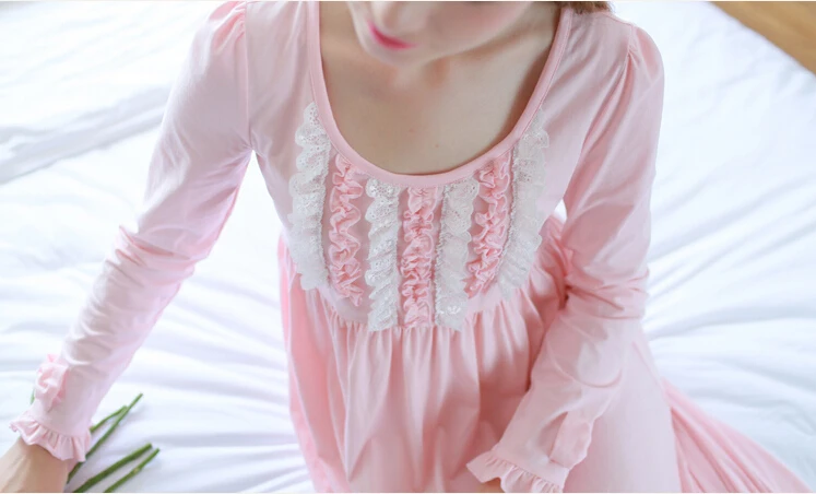 Новинка, осенняя Женская длинная розовая пижама, домашняя одежда, ночная рубашка с кружевным бантом, ночная рубашка из хлопка