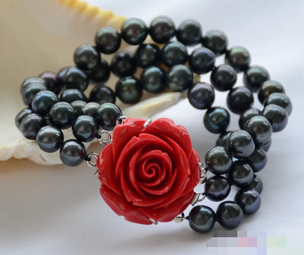 

12728 3row black round freshwater pearl bracelet