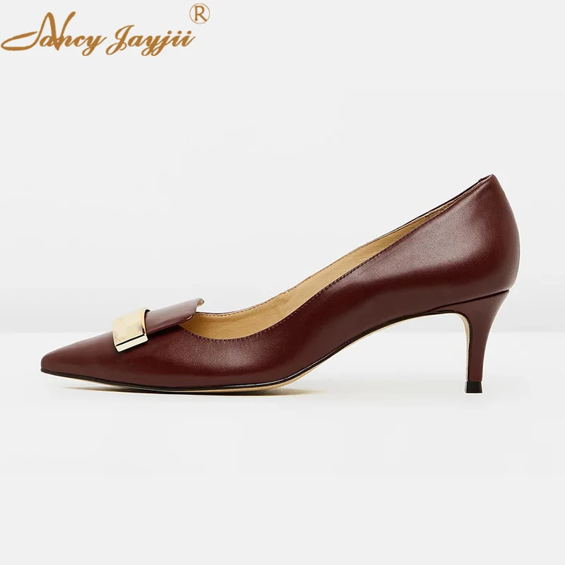 

Burgundy Kitten Heels Metal Decoretion Pointed Toe Slip-On Pumps Woman Office Shoes For Ladies Classic 2019 Size 16 NANCYJAYJII