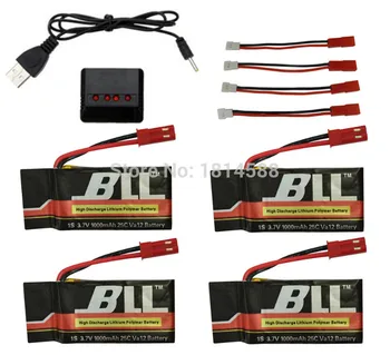 

4PCS 3.7V 1000mAh Battery 4 In 1 Charger and 4PCS JST Charging Cable for MJX X300 X400 X500 X800 FY550 HM1315 HJ819 RC Aircraft