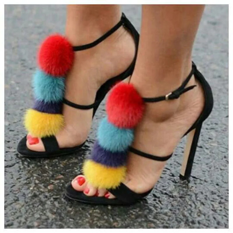 

Hot Sale Stiletto Heel Sandal Multicolored Fur Ball Embellished Sandals Wedding Party Dress Shoes Women Wholesale Drop Shipping