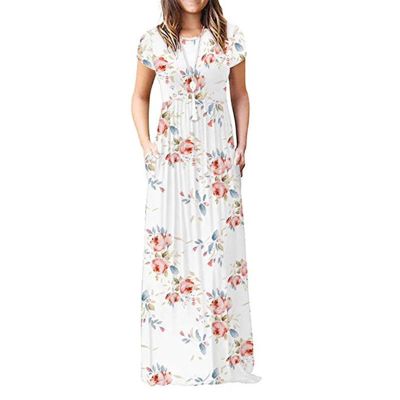 SHIBEVER Fashion Long Maxi Dress Women O-Neck Floor Length Pocket Casual Dress Female White Print Women Summer Dresses CDR290
