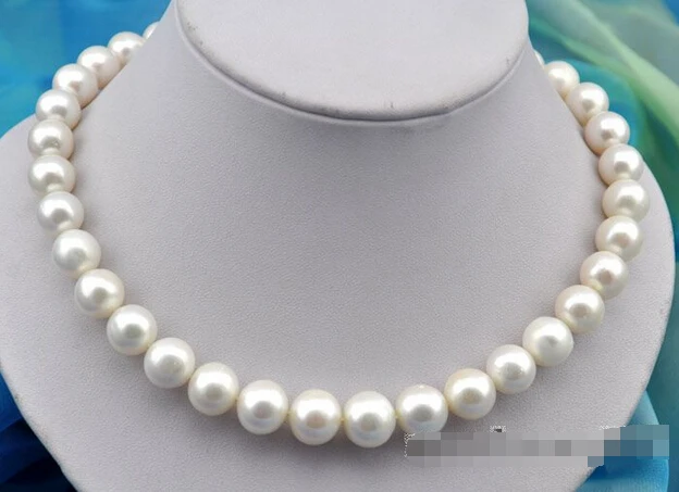 

shipping17"13mm round white freshwater pearl necklace 925silver clasp