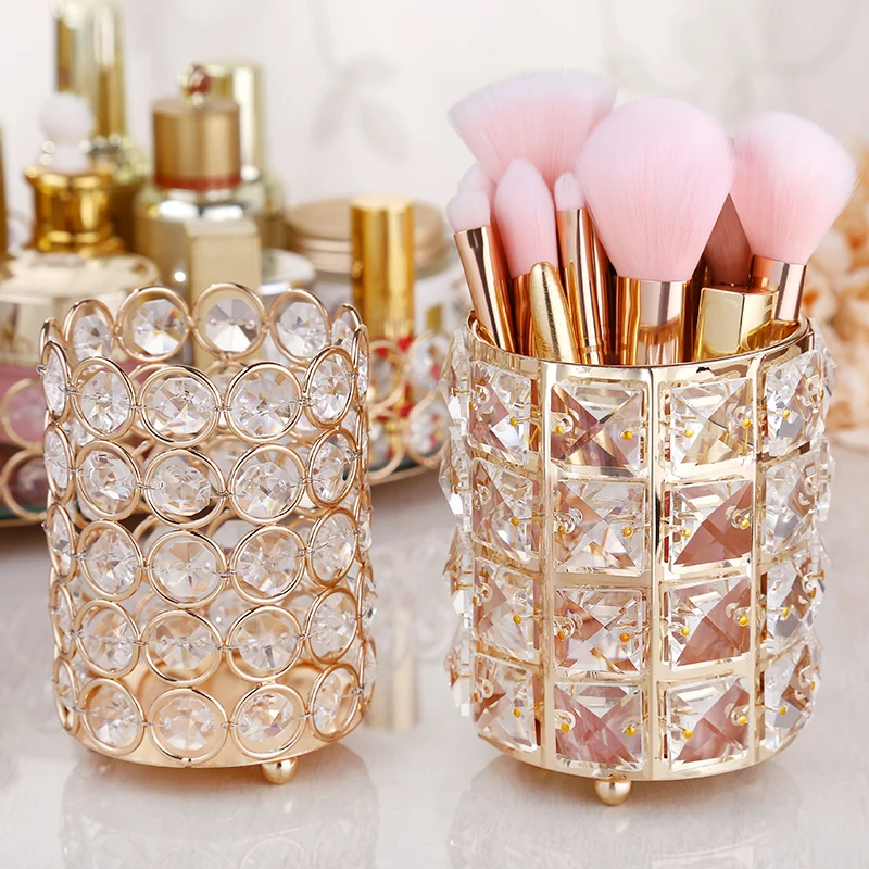 

Europe Metal Crystal Makeup Brush Storage Tube Eyebrow Pencil Makeup Organizer Crystal Storage Box