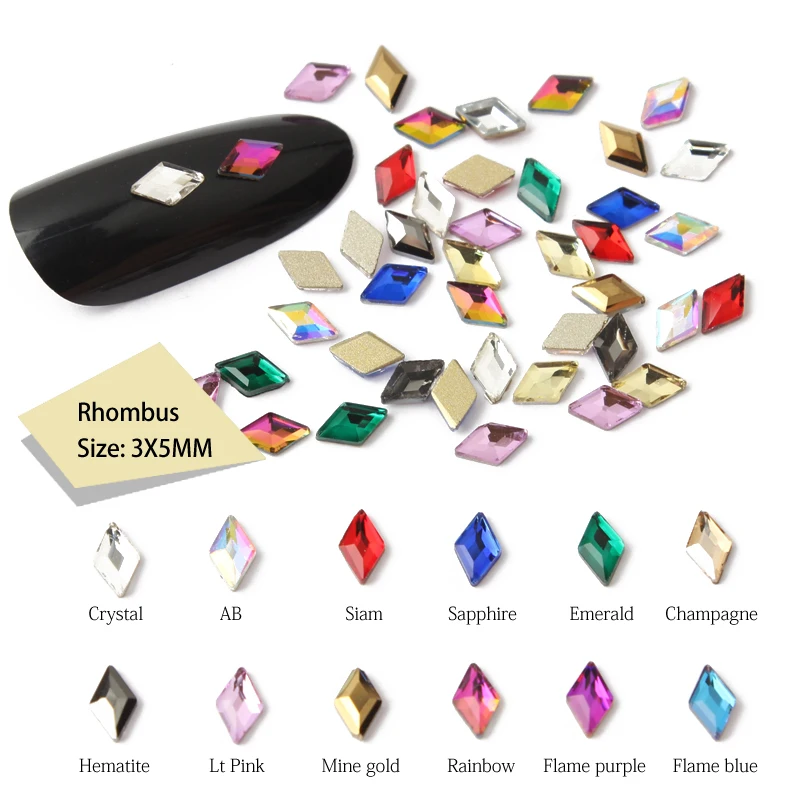 30/100Pcs/Lot Nails Art Rhinestone 3x5MM Flatback Rhombus Colorful Stones For 3D Nail Art Decoration Free Shipping