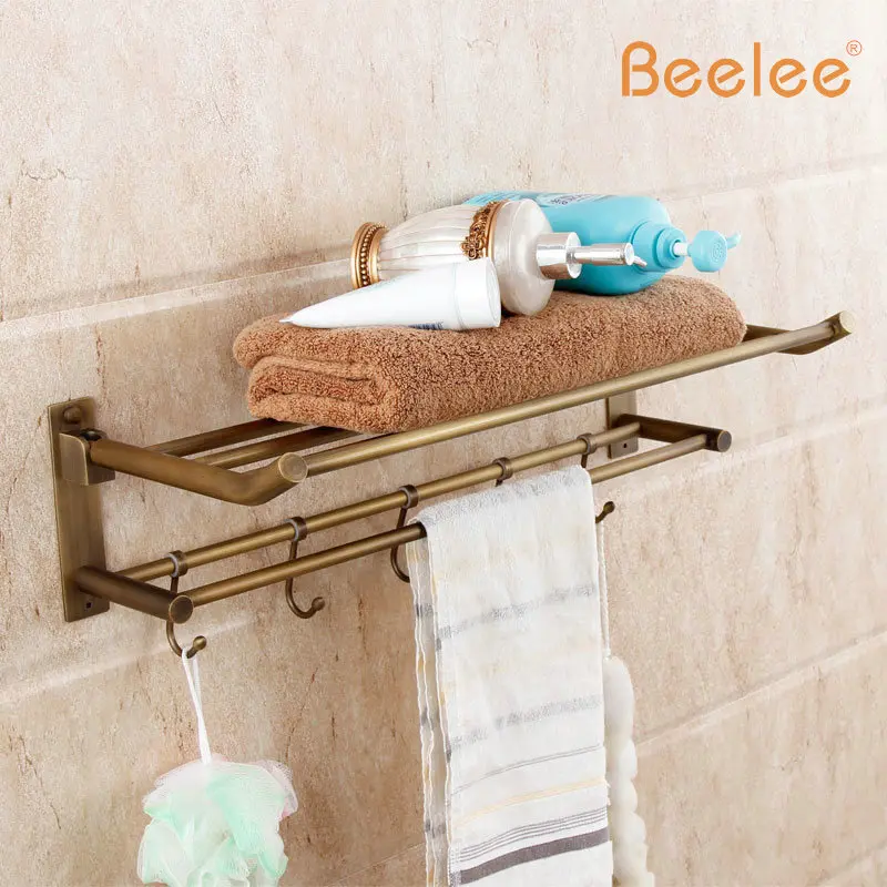 Beelee BL6203A Wholesale and Retail Antique Brass Bathroom Towel Rack Wall Mounted Folding Towel