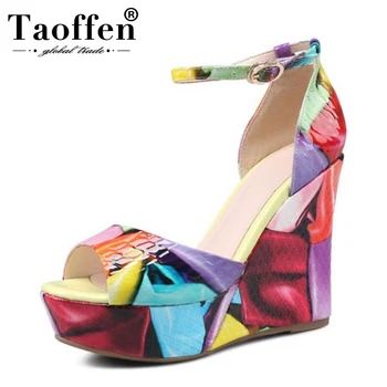 

TAOFFEN Printing Genuine Leather Women Sandals High Heels Summer Shoes Women Platform Wedges Party Wedding Footwear Size 34-40