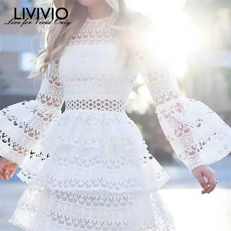 

[LIVIVIO] Solid Hollow Out Women Dress O Neck Flare Sleeve High Waist Slim Mini Dresses Female Elegant Spring 2019 New