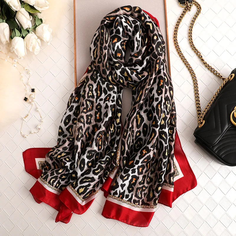 

Luxury Silk Shawls and Wraps for Women Fashion Leopard Printed Foulard Scarfs Design 2019 Lady Pashmina Beach Scarf