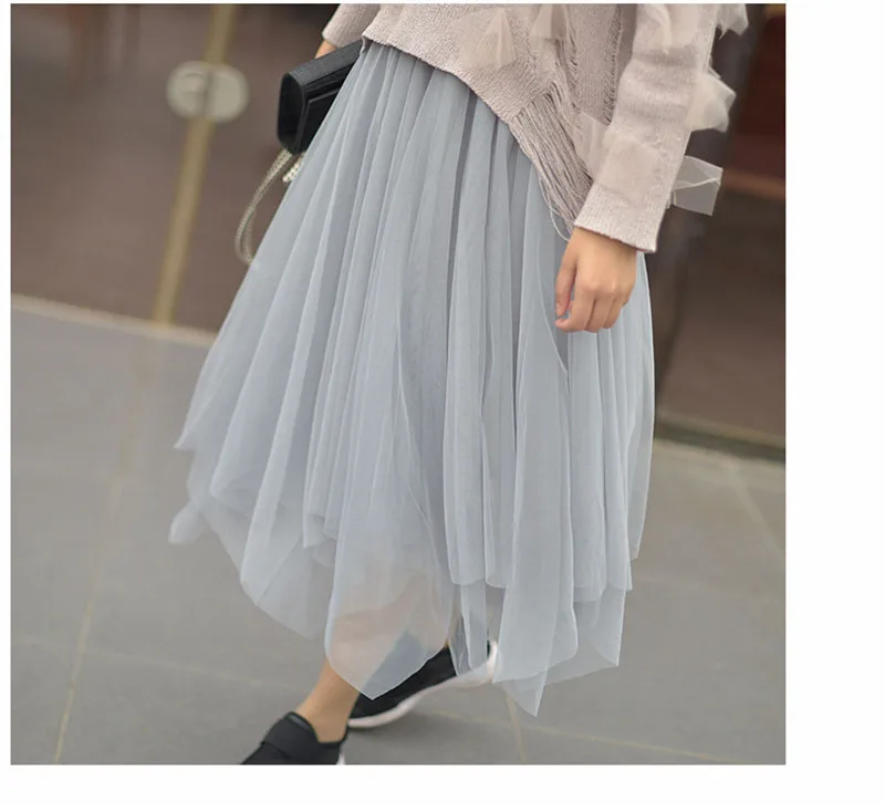 2019 корейские кружевные Длинные Юбки Женские однотонные офисные женские юбки с высокой талией Многослойные сетчатые длинные Faldas