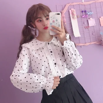

Polka Dot Lace Sweet Top Women Japan Style Ruffles Peter Pan Collar Ruffle Blouse Women Clothing Lolita Cute Loose Shirt Girls