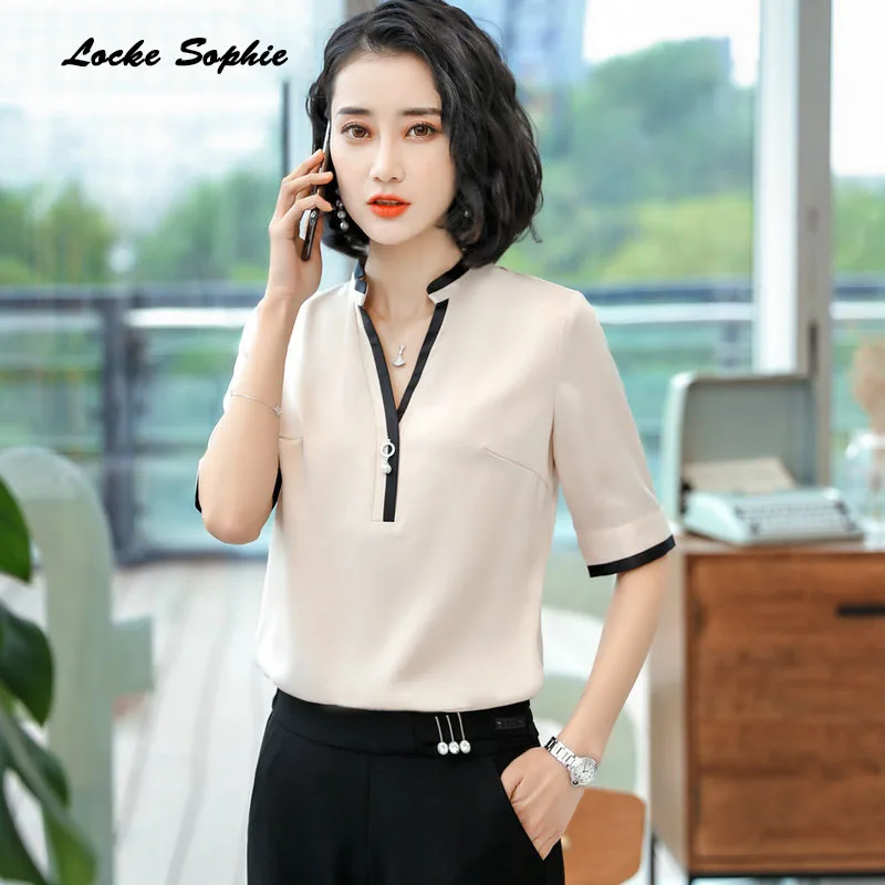1pcs Ladies Plus size Slim fit blouses tops 2019 Summer Fashion cotton blend Splicing V-neck Primer shirts women's Skinny |