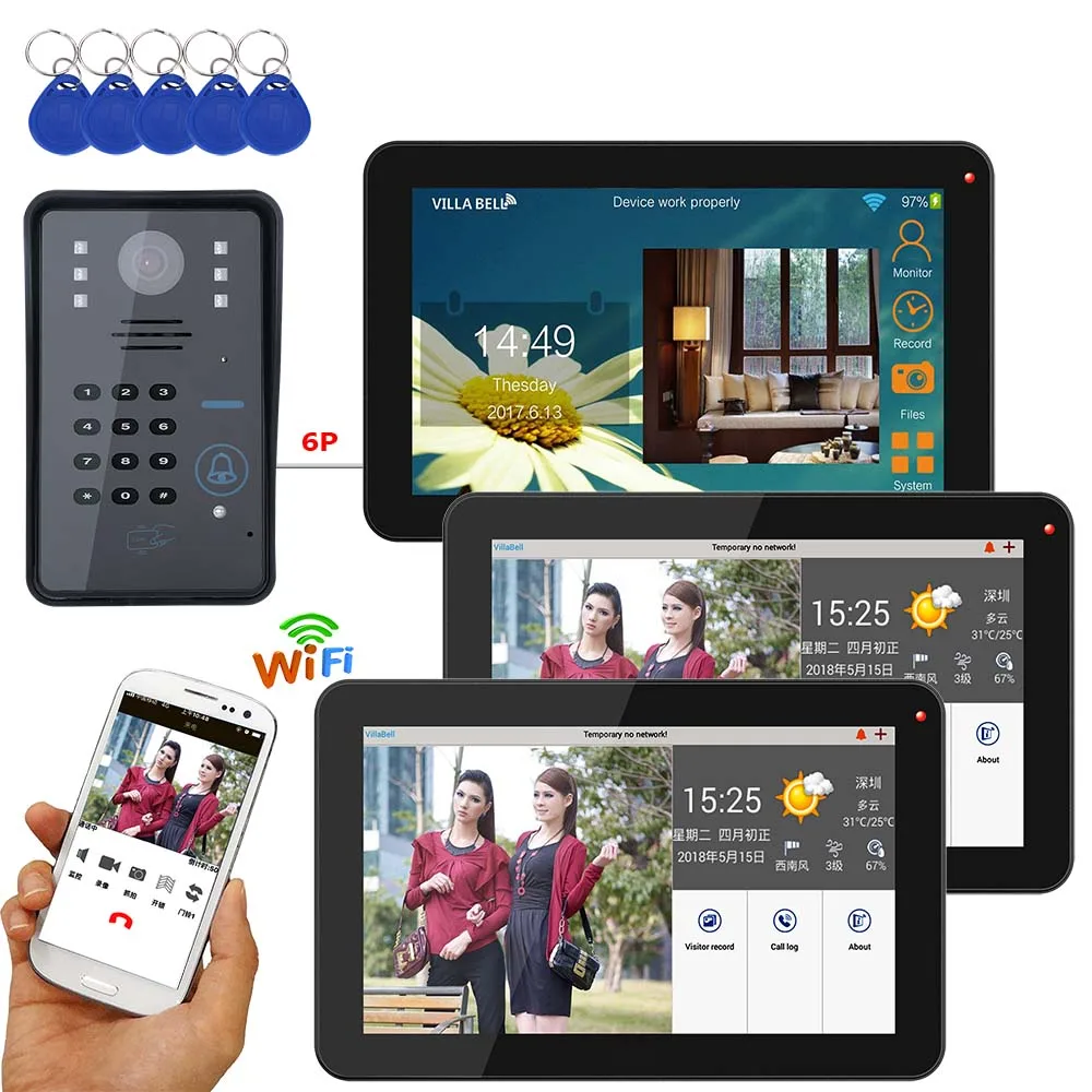 

9 inch 3 Monitors Wired / Wireless Wifi RFID Password Video Door Phone Doorbell Intercom System with + IR-CUT HD 1000TVL Camera