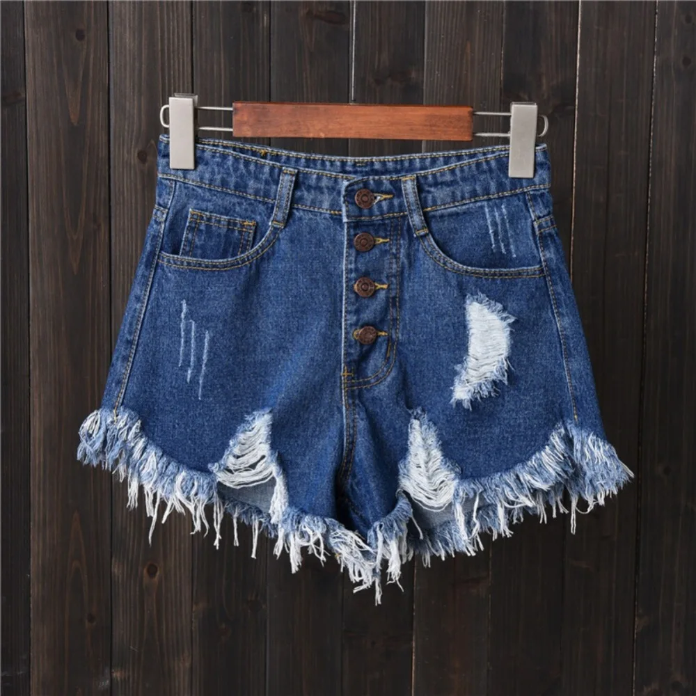 

Women Summer Hole Hot Denim Solid Color High Waist Slim Casual Wide Leg Shorts