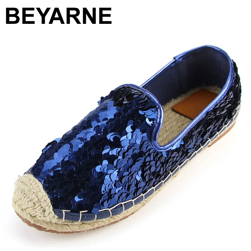 

BEYARNE Sequins Paillette Upgrade Straw Rope Braid Espadrilles Alpargata Casual Womens Fashion Flat Shoes Loafers