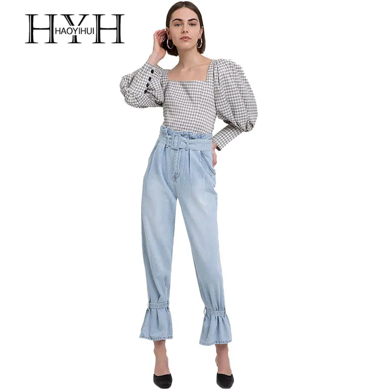 

HYH HAOYIHUI Casual Women Slash Neck Long Puff Sleeve Sweet Brief Blouse Plaid Square Neck Regular Button Lattice Female Shirt