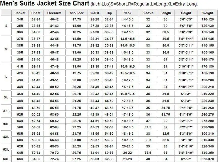 slim fit suit jacket size chart