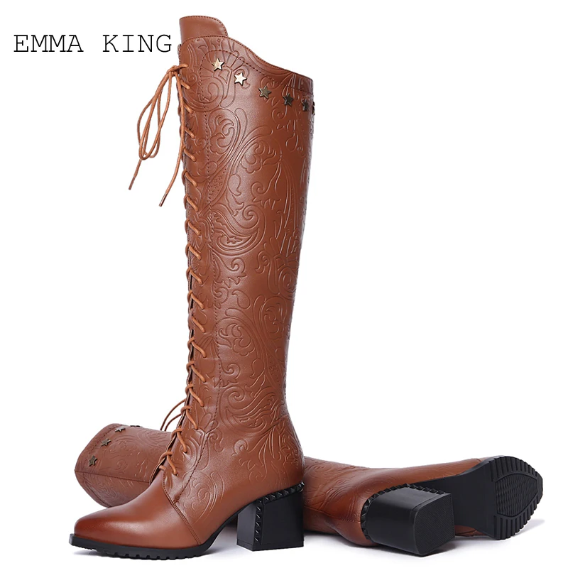 

EMMA KING2018 Women Over The Knee High Boots Cow Leather Fashion Lace Up Pointed Toe All Match Women Motorcycle Boots Size 34-39