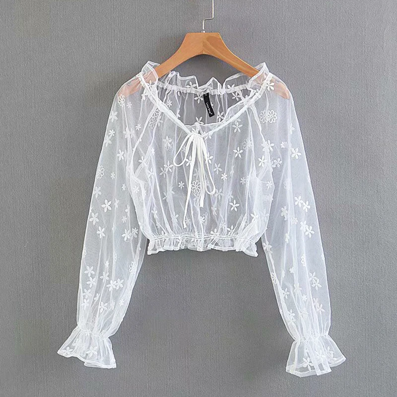 2018 Ins Summer New style see-through mesh embroidered lace blouse Sexy off shoulder Lace Blouse sunblock blouse (6)