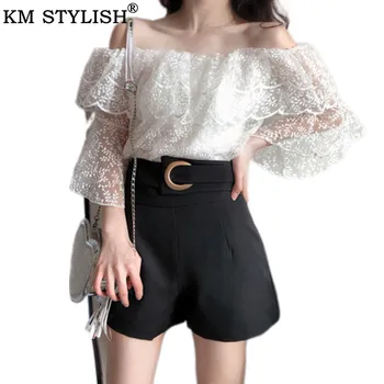 

2019 Summer Set Sexy Lace Shoulder Top Women + High Waist Ring Wide Leg Shorts Women's Two Piece Set